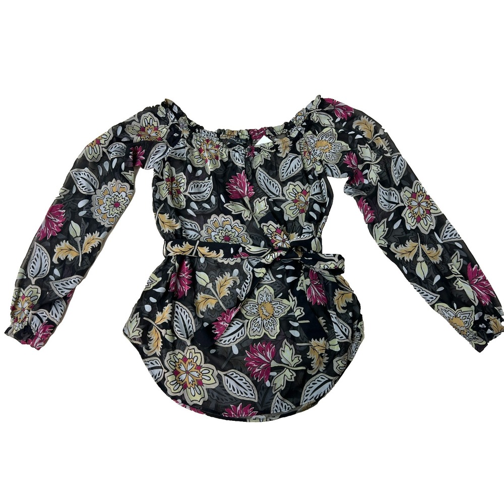 rag & bone Off the Shoulder Top Semi Sheer Silk Blend Black Multi Floral SZ XS